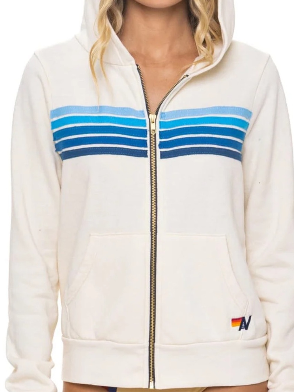 Aviator Nation 5 Stripe Zip Hoodie Vintage White/Blue Sz L